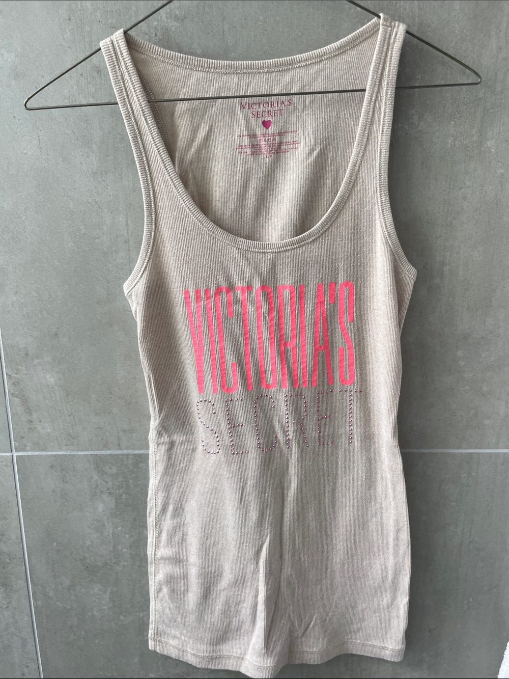 Victoria's Secret Beige Tank with Bright Pink Logo. SIZE: SMALL